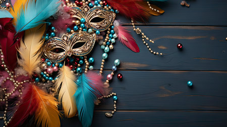Colorful Venetian masks with feathers on a dark wooden backgroundの素材