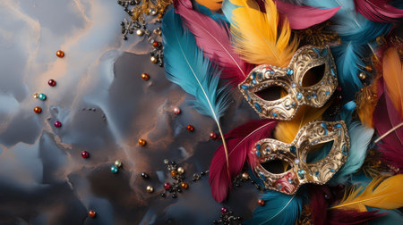 Colorful Venetian masks with feathers on a dark wooden backgroundの素材