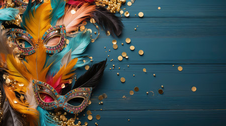Colorful Venetian masks with feathers on a dark wooden backgroundの素材