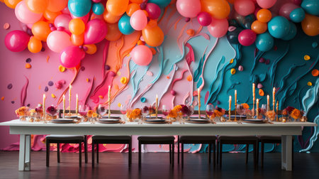 Festive balloons with vibrant ribbons and confetti on a textured backgroundの素材