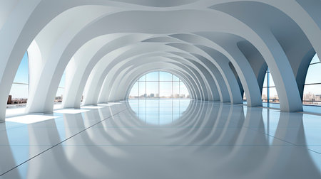 Modern architectural design of a white curved structure with reflective floorsの素材