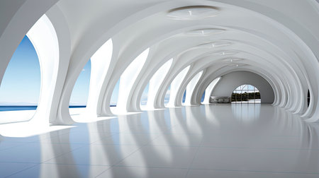 Modern architectural design of a white curved structure with reflective floorsの素材