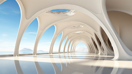 Modern architectural design of a white curved structure with reflective floorsの素材