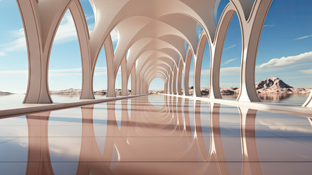 Modern architectural design of a white curved structure with reflective floorsの素材