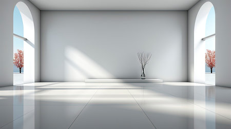 Modern architectural design of a white curved structure with reflective floorsの素材