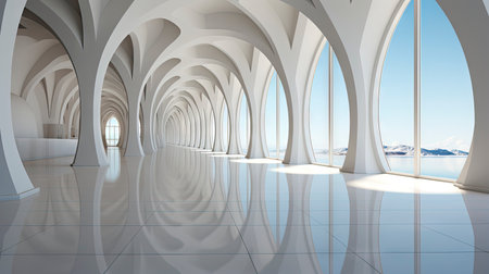 Modern architectural design of a white curved structure with reflective floorsの素材