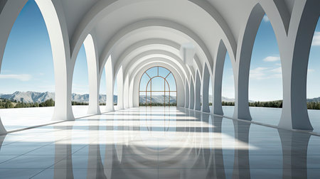 Modern architectural design of a white curved structure with reflective floorsの素材