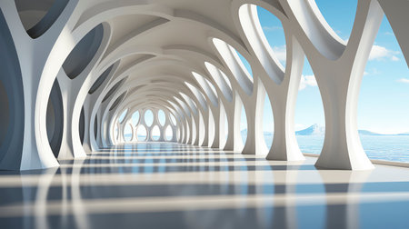 Modern architectural design of a white curved structure with reflective floorsの素材