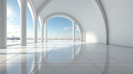 Modern architectural design of a white curved structure with reflective floorsの素材