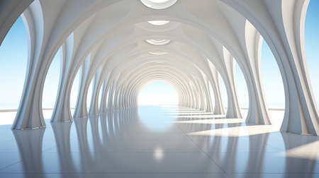 Modern architectural design of a white curved structure with reflective floorsの素材