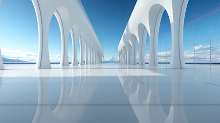 Modern architectural design of a white curved structure with reflective floorsの素材