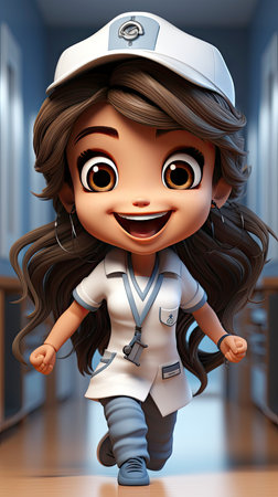 Animated cartoon of a smiling female nurse character with stethoscopeの素材