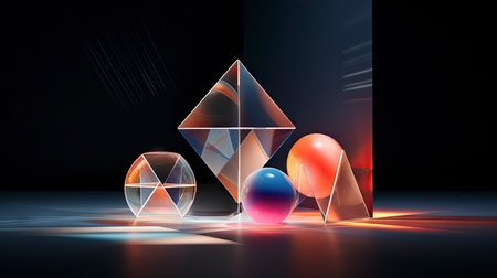 Minimalist Composition with Wooden Triangles and Metallic Sphere in a Shadowed Roomの素材