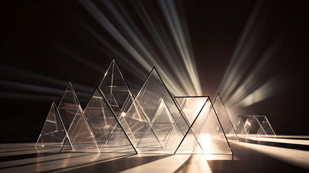 Minimalist Composition with Wooden Triangles and Metallic Sphere in a Shadowed Roomの素材