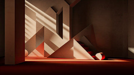 Minimalist Composition with Wooden Triangles and Metallic Sphere in a Shadowed Roomの素材