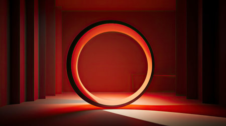 Abstract composition with wooden circles and geometric shapes in a room with light and shadow playの素材