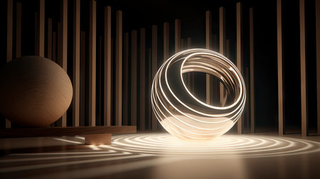 Abstract composition with wooden circles and geometric shapes in a room with light and shadow playの素材