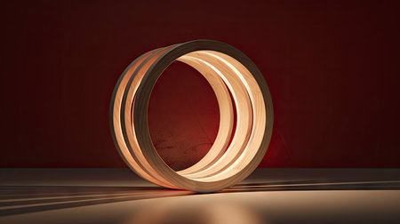Abstract composition with wooden circles and geometric shapes in a room with light and shadow playの素材