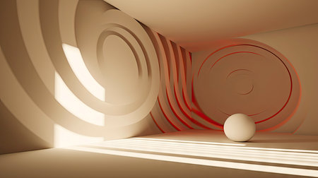 Abstract composition with wooden circles and geometric shapes in a room with light and shadow playの素材