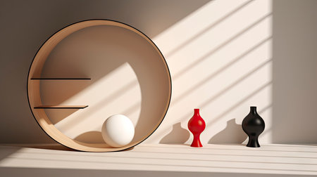 Abstract composition with wooden circles and geometric shapes in a room with light and shadow playの素材
