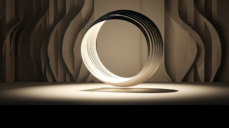Abstract composition with wooden circles and geometric shapes in a room with light and shadow playの素材