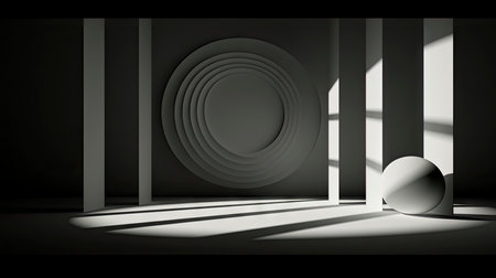 Abstract composition with wooden circles and geometric shapes in a room with light and shadow playの素材