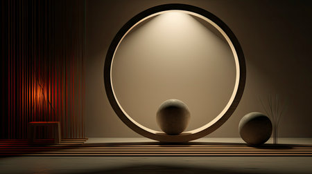 Abstract composition with wooden circles and geometric shapes in a room with light and shadow playの素材
