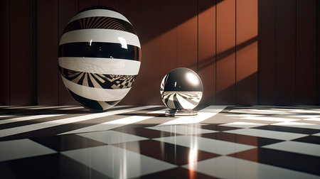 Abstract composition with wooden circles and geometric shapes in a room with light and shadow playの素材