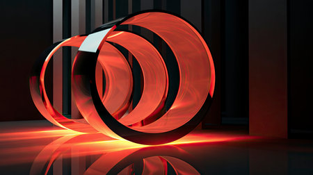 Abstract composition with wooden circles and geometric shapes in a room with light and shadow playの素材