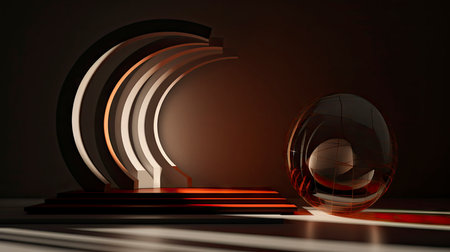 Abstract composition with wooden circles and geometric shapes in a room with light and shadow playの素材