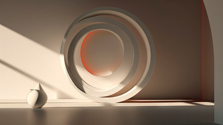 Abstract composition with wooden circles and geometric shapes in a room with light and shadow playの素材