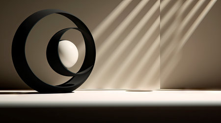 Abstract composition with wooden circles and geometric shapes in a room with light and shadow playの素材