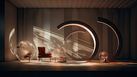 Abstract composition with wooden circles and geometric shapes in a room with light and shadow playの素材