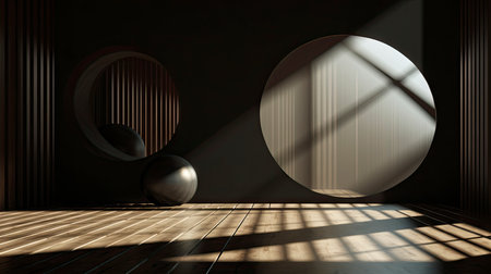 Abstract composition with wooden circles and geometric shapes in a room with light and shadow playの素材