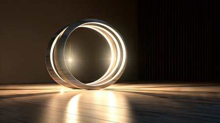 Abstract composition with wooden circles and geometric shapes in a room with light and shadow playの素材