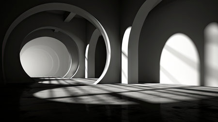 Abstract composition with wooden circles and geometric shapes in a room with light and shadow playの素材