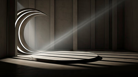 Abstract composition with wooden circles and geometric shapes in a room with light and shadow playの素材