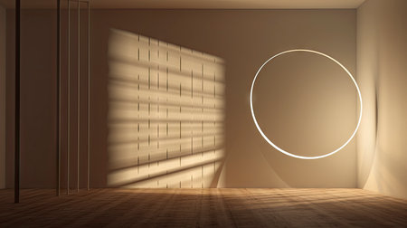 Abstract composition with wooden circles and geometric shapes in a room with light and shadow playの素材