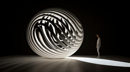 Abstract composition with wooden circles and geometric shapes in a room with light and shadow playの素材