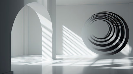 Abstract composition with wooden circles and geometric shapes in a room with light and shadow playの素材