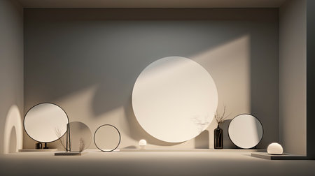 Abstract composition with wooden circles and geometric shapes in a room with light and shadow playの素材
