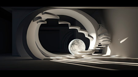 Abstract composition with wooden circles and geometric shapes in a room with light and shadow playの素材