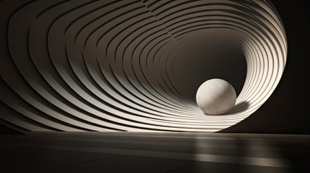 Abstract composition with wooden circles and geometric shapes in a room with light and shadow playの素材