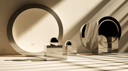 Abstract composition with wooden circles and geometric shapes in a room with light and shadow playの素材