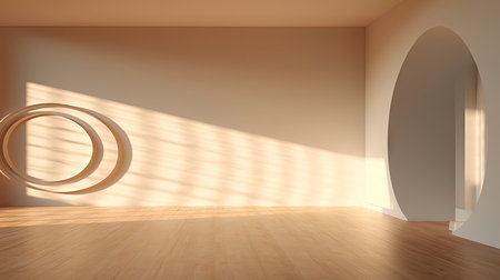 Abstract composition with wooden circles and geometric shapes in a room with light and shadow playの素材