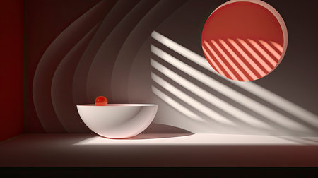 Abstract composition with wooden circles and geometric shapes in a room with light and shadow playの素材