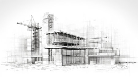 Detailed Architectural Sketch of Modern Multi-Story Buildingの素材