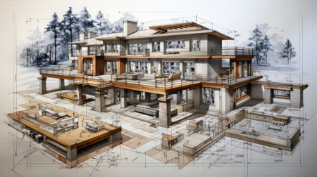 Detailed Architectural Sketch of Modern Multi-Story Buildingの素材