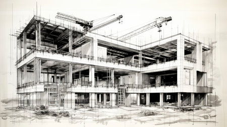 Detailed Architectural Sketch of Modern Multi-Story Buildingの素材