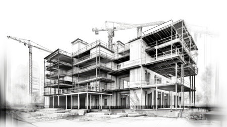 Detailed Architectural Sketch of Modern Multi-Story Buildingの素材